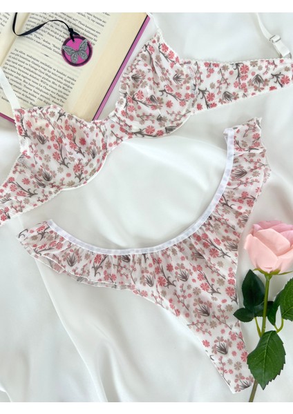 Butterfly Tül Çiçek Desenli Balenli Kapsız Fırfırlı Iç Çamaşırı Takımı modelleri