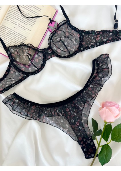 Butterfly Tül Çiçek Desenli Balenli Kapsız Fırfırlı Iç Çamaşırı Takımı modelleri