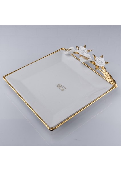 Gül ve Gala Çiçeği Detaylı Metal Stand’lı Porselen Büyük Kare Sunum Tabağı – 30X30 cm