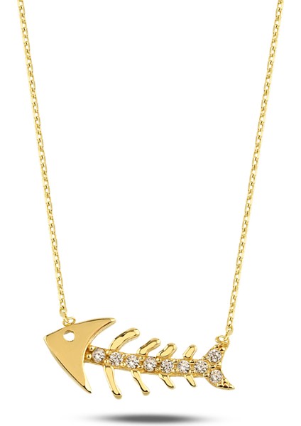 14 Ayar Altın Balık Kolye, Minimalist Kılçık Kolye, Iskelet Altın Takı, Kız Arkadaşıma Hediye