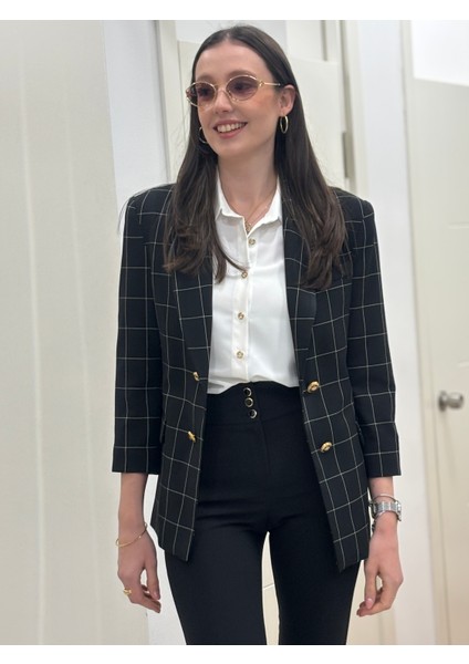 Önü ve Kollarında Düğme Detayları Olan Kare Desenli Astarlı Blazer Ceket modelleri