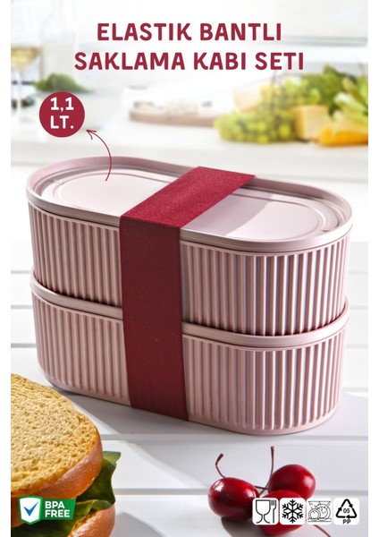 2'li Set Elastik Bantlı Çok Amaçlı Saklama Kabı Seti 1100ML.