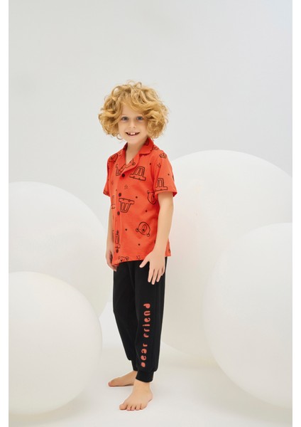 8787 Erkek Ç. Baskılı Düğmeli Pijama Takım
