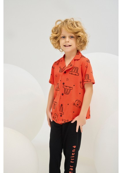 8787 Erkek Ç. Baskılı Düğmeli Pijama Takım