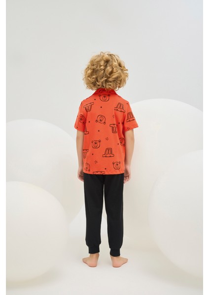 8787 Erkek Ç. Baskılı Düğmeli Pijama Takım