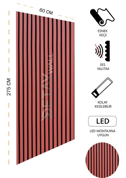 Mdf Ahşap Akustik Duvar Paneli - 60 x 275 cm - Kiremit