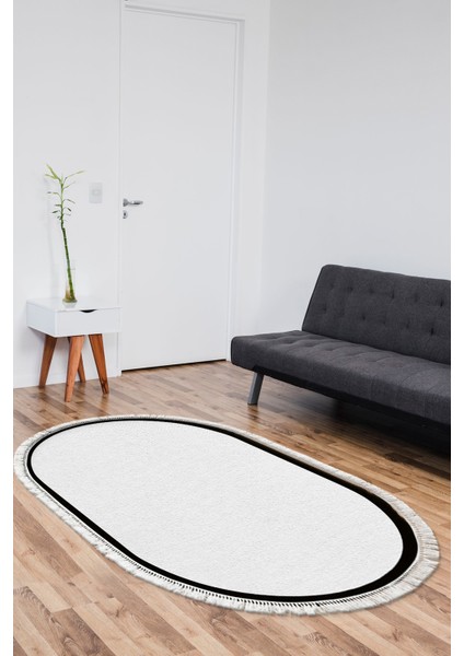 Kaymaz Dijital Mutfak & Salon Halı Luna Pamuk Saçaklı Oval Dokuma E5001 Açık Gri