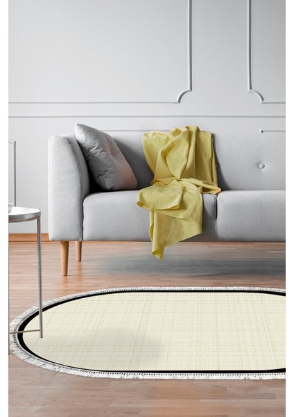Kaymaz Dijital Mutfak & Salon Halı Saray Deri Saçaklı Oval Dokuma E5007 Açık Krem