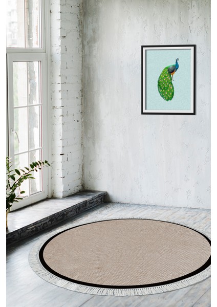 Kaymaz Dijital Mutfak & Salon Halı Toprak Saçaklı Yuvarlak Dokuma E5001 Taupe