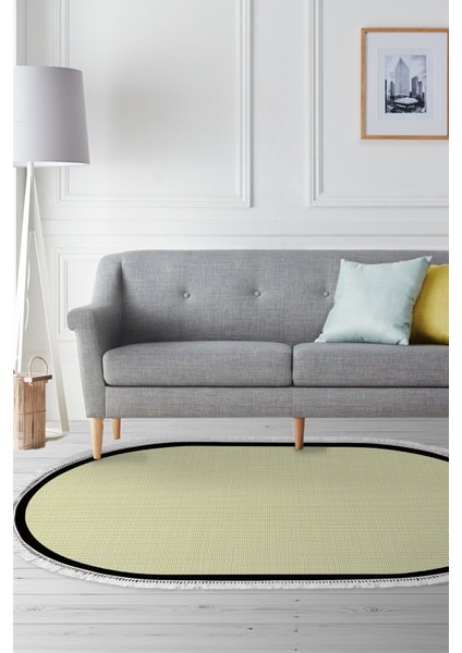 Kaymaz Dijital Mutfak & Salon Halı Luna Pamuk Saçaklı Oval Dokuma E5007 Açık Sarı Bej