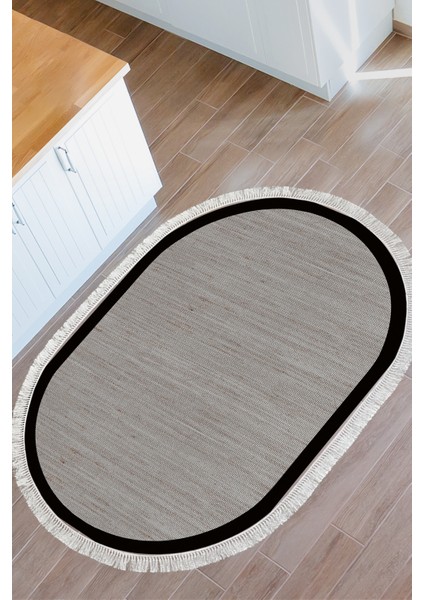 Kaymaz Dijital Mutfak & Salon Halı Saray Deri Saçaklı Oval Dokuma E5001 Kahve