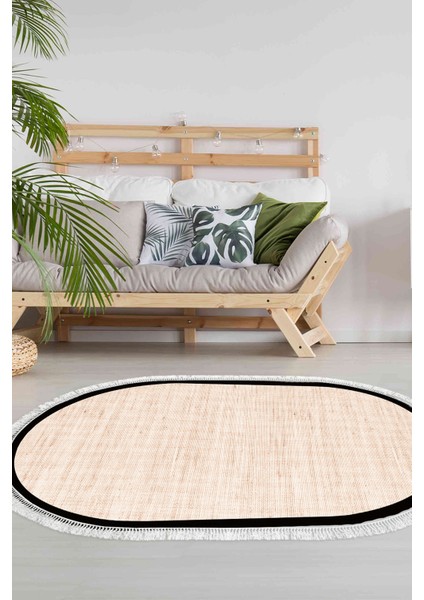 Kaymaz Dijital Mutfak & Salon Halı Toprak Saçaklı Oval Dokuma E5001 Açık Krem