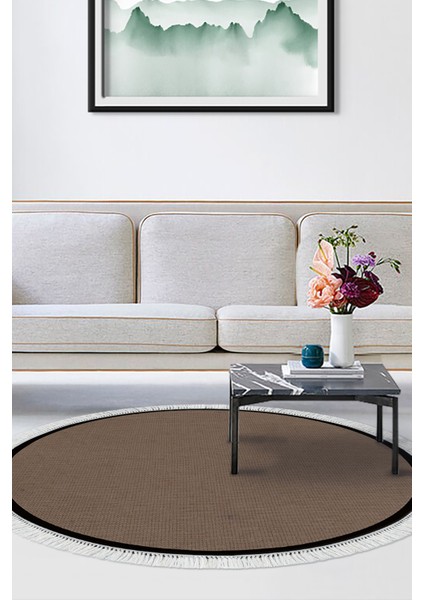 Kaymaz Dijital Mutfak & Salon Halı Toprak Saçaklı Yuvarlak Dokuma E5001 Koyu Kahve