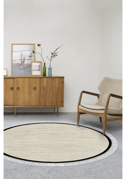 Kaymaz Dijital Mutfak & Salon Halı Saray Deri Saçaklı Yuvarlak Dokuma E5001 Bej Gri