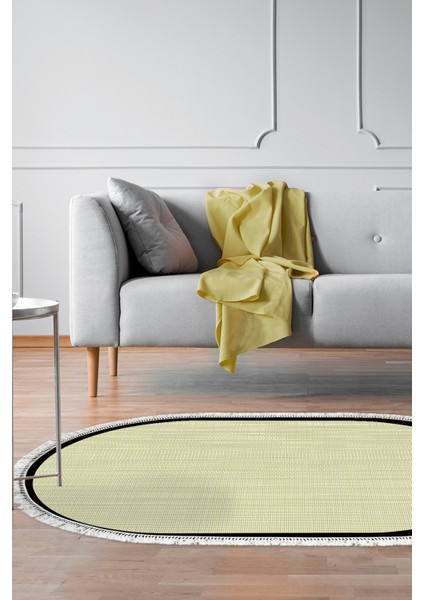 Kaymaz Dijital Mutfak & Salon Halı Toprak Saçaklı Oval Dokuma E5007 Açık Sarı Bej