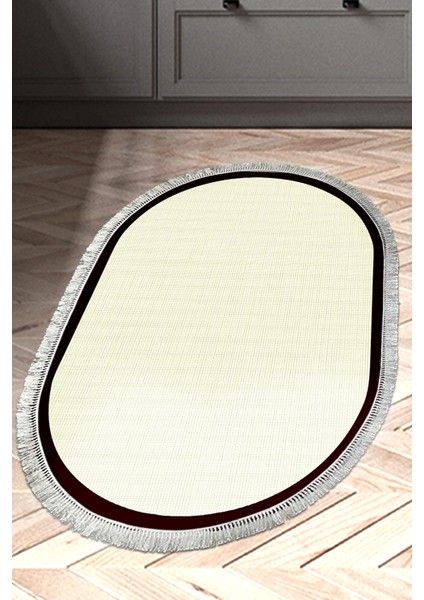 Kaymaz Dijital Mutfak & Salon Halı Toprak Saçaklı Oval Dokuma E5007 Açık Sarı Bej
