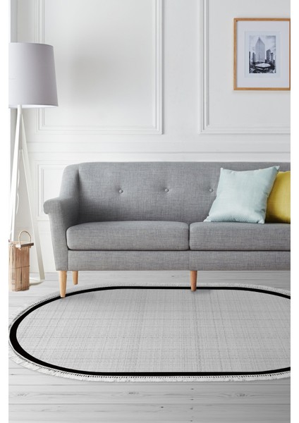 Kaymaz Dijital Mutfak & Salon Halı Toprak Saçaklı Oval Dokuma E5007 Açık Gri