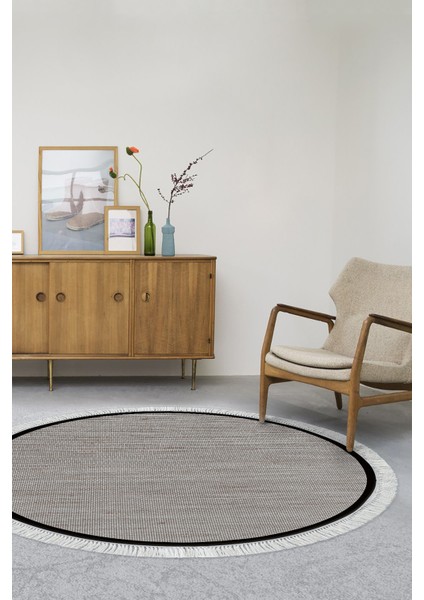 Kaymaz Dijital Mutfak & Salon Halı Luna Pamuk Saçaklı Yuvarlak Dokuma E5001 Kahve