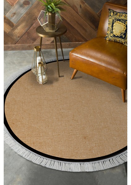 Kaymaz Dijital Mutfak & Salon Halı Toprak Saçaklı Yuvarlak Dokuma E5001 Açık Kahverengi