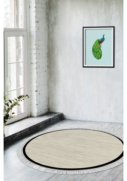 Kaymaz Dijital Mutfak & Salon Halı Toprak Saçaklı Yuvarlak Dokuma E5001 Bej Gri