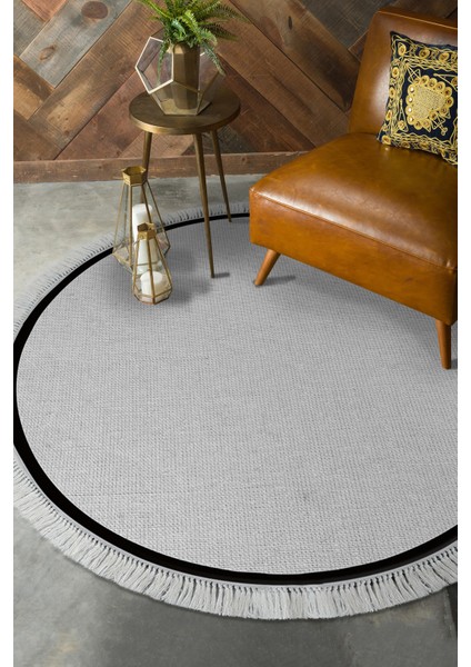 Kaymaz Dijital Mutfak & Salon Halı Toprak Saçaklı Yuvarlak Dokuma E5001 Gri