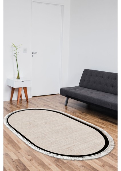 Kaymaz Dijital Mutfak & Salon Halı Toprak Saçaklı Oval Dokuma E5007 Açık Bej