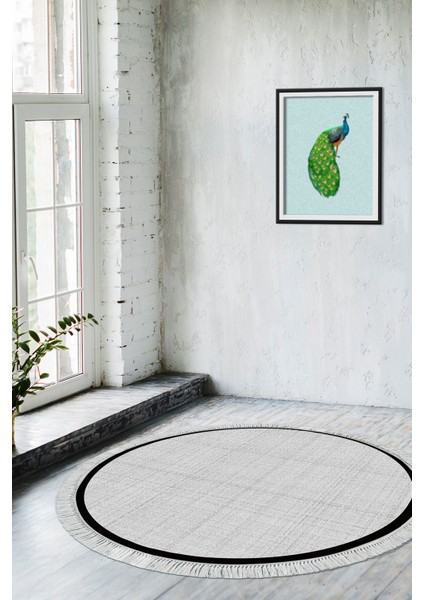 Kaymaz Dijital Mutfak & Salon Halı Saray Deri Saçaklı Yuvarlak Dokuma E5007 Açık Gri