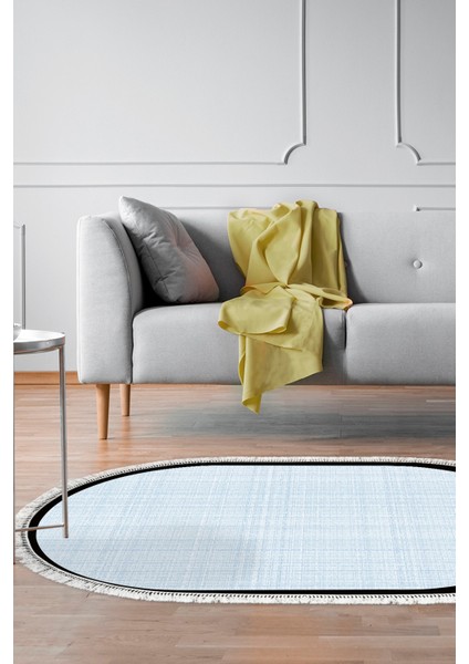 Kaymaz Dijital Mutfak & Salon Halı Toprak Saçaklı Oval Dokuma E5007 Açık Mavi