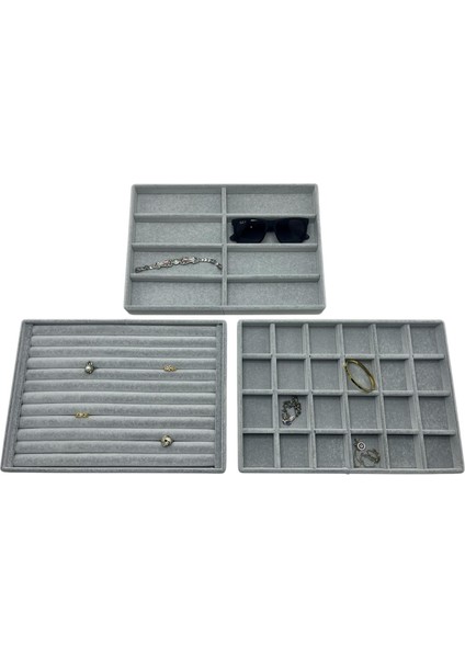 Yerli Üretim Süet Kumaş Gri Renk 34/24 cm 3 Lü Takım Çekmece Içi Takı Tablası