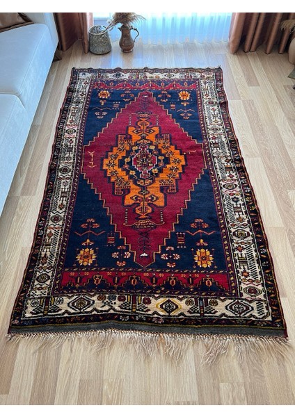 131 x 221 cm Büyük Boy Lacivert Kırmızı Renkli Dekoratif Yıkanabilir El Dokuma Antik Halı