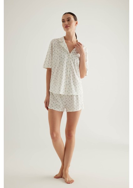 Kadın Pamuklu Gömlek Yaka Şortlu Pijama Takımı