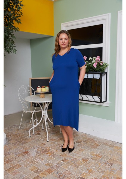 Asimetrik Kesim Sırt Kemer Detaylı Büyük Beden Elbise Saks