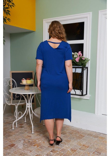 Asimetrik Kesim Sırt Kemer Detaylı Büyük Beden Elbise Saks indirimleri