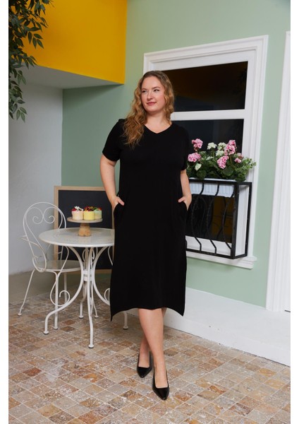 Asimetrik Kesim Sırt Kemer Detaylı Büyük Beden Elbise Siyah modelleri