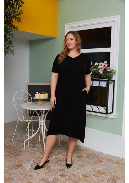 Asimetrik Kesim Sırt Kemer Detaylı Büyük Beden Elbise Siyah fırsatları