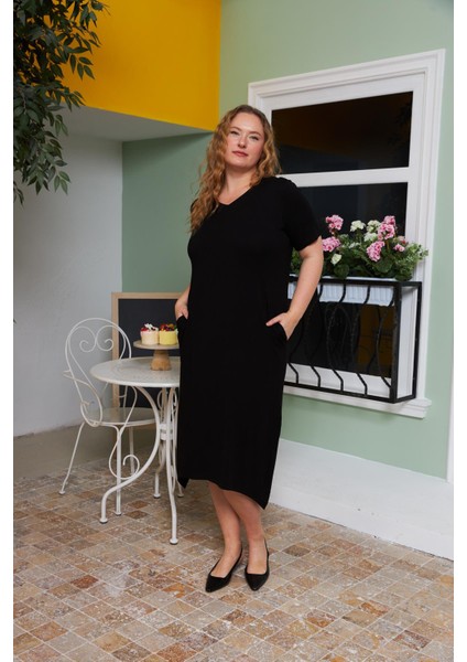 Asimetrik Kesim Sırt Kemer Detaylı Büyük Beden Elbise Siyah indirimleri