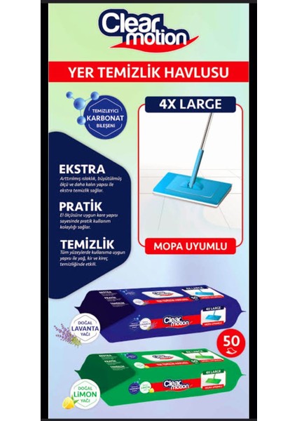 Mopa Uyumlu Yüzey Temizlik Havlusu 50Lİ X4 Adet Clear Motion