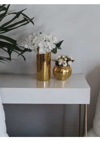 Işıltı Home Desıgn Aynalı Cam Vazo Koyu Gold 2 Li Set modelleri