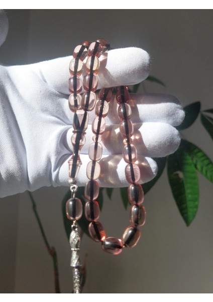 Şeffaf Ateş Kehribar Tesbih, 7.5 x 10.5, Beyzi Kesim, Metal Püskül