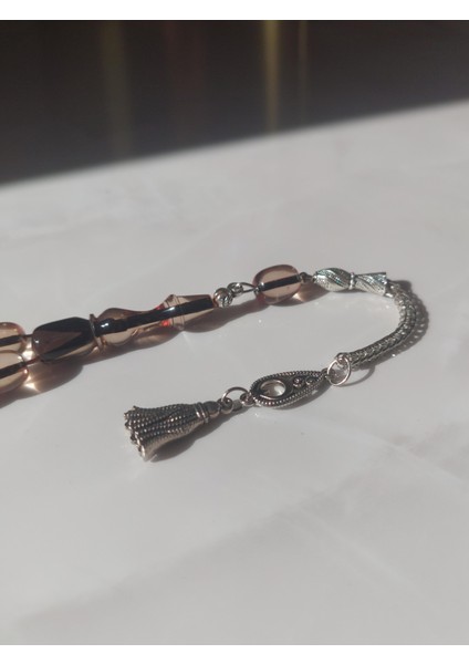 Şeffaf Ateş Kehribar Tesbih, 7.5 x 10.5, Beyzi Kesim, Metal Püskül