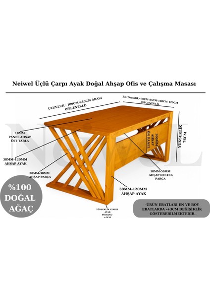 Duina Doğal Ahşap Ofis ve Çalışma MASASI-80 cm -120 cm indirimleri