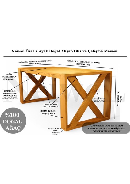 Diaz Nowe Doğal Ahşap Ofis ve Çalışma MASASI-80 cm -120 cm
