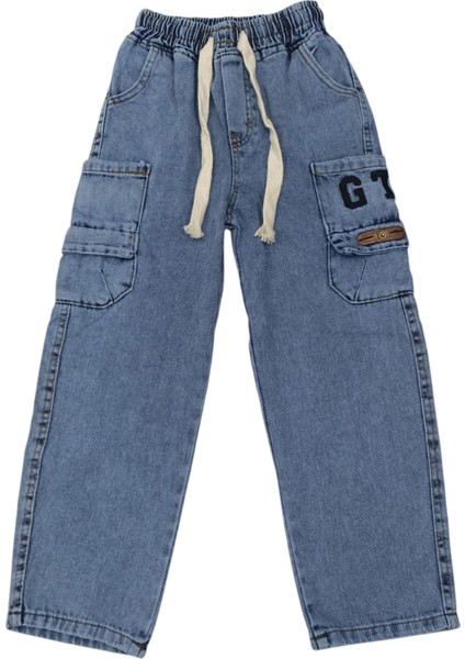 Erkek Çocuk Bagi Model Çift Kargo Cepli Beli Lastikli Mavi Kot Pantolon