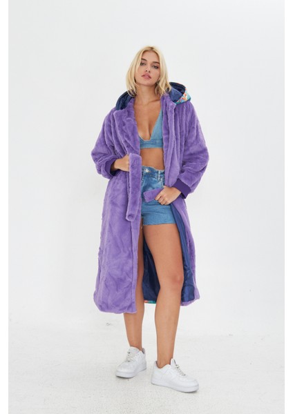 Mor Yumuşacık Pelüş Arkası Desenli Polar