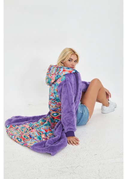 Mor Yumuşacık Pelüş Arkası Desenli Polar