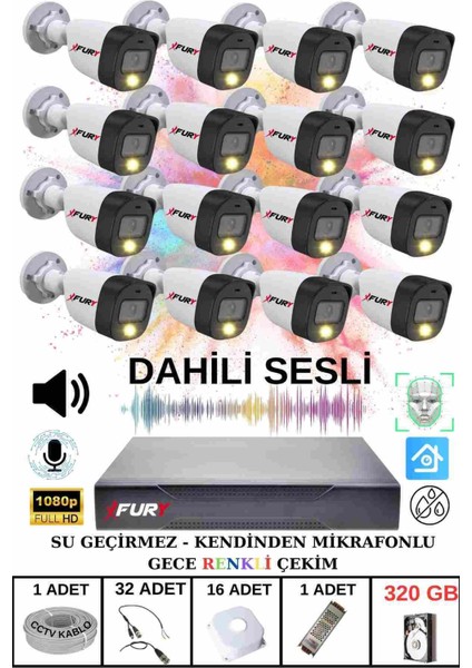 16 Lı Sesli Gece Renkli Görüş Güvenlik Kamerası Su Geçirmez Güvenlik Kamerası Seti 320GB