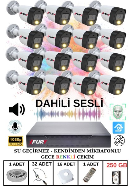 16 Lı Sesli Gece Renkli Görüş Güvenlik Kamerası Su Geçirmez Güvenlik Kamerası Seti 250GB