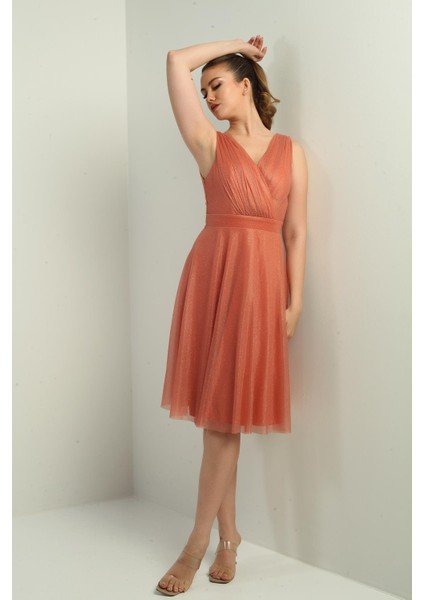 Kadın Kruvaze Yaka Astarlı Kloş Simli Kısa Elbise