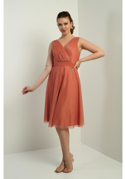 Kadın Kruvaze Yaka Astarlı Kloş Simli Kısa Elbise modelleri