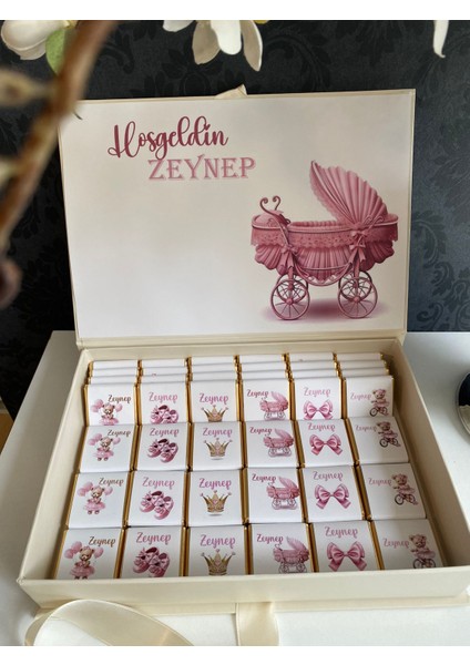 Kutulu Isme Özel Tasarımlı Kız-Erkek Bebek Çikolatası 100 Adet Dogum-Yaş Günü-Hediyelik Çikolata